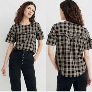 EUC Madewell Ruffle-Yoke Top/ Blouse in Brown Metallic Plaid XS STYLE# AC178